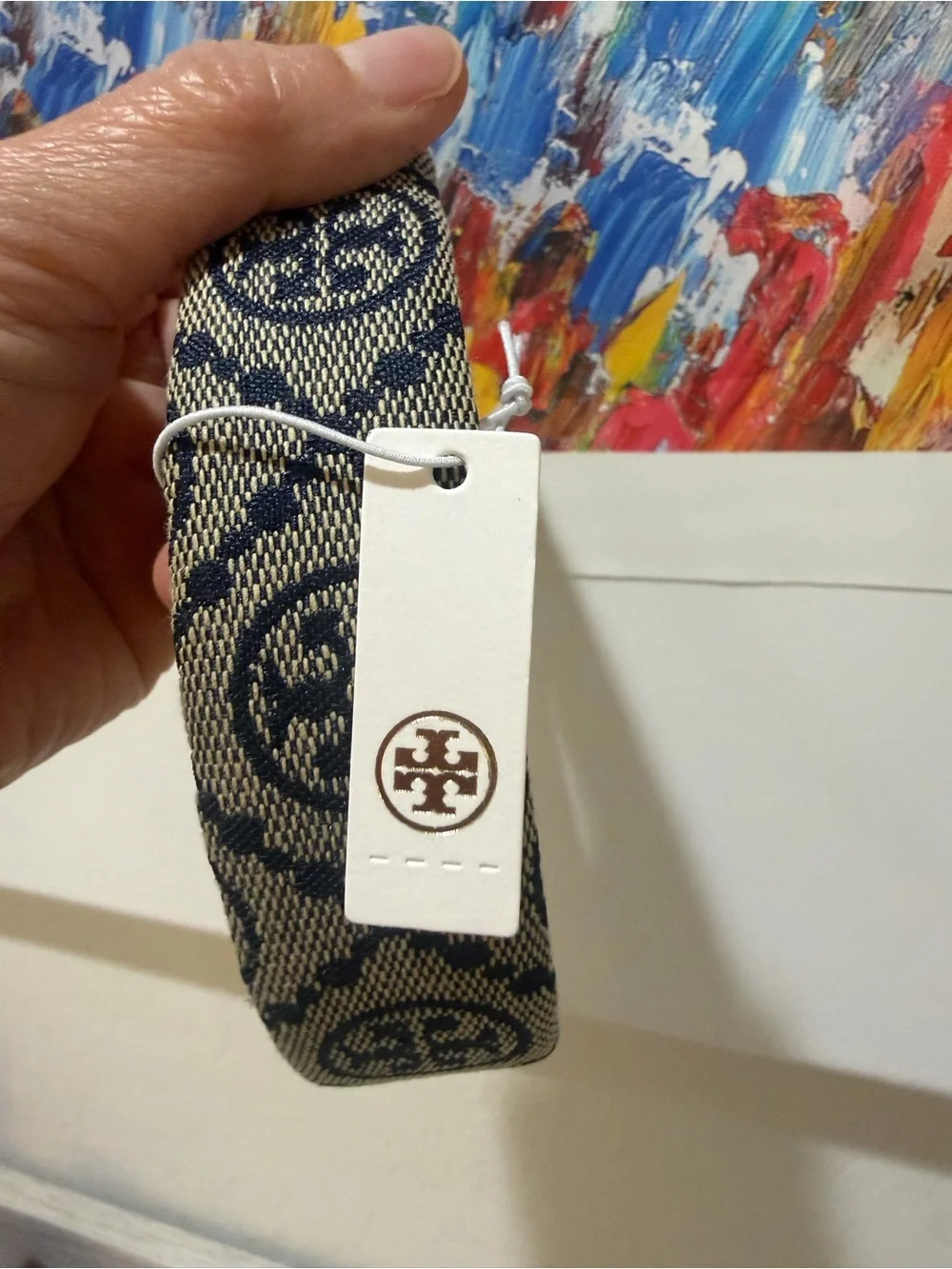 Tory Burch Beige and Navy Blue Logo Headband